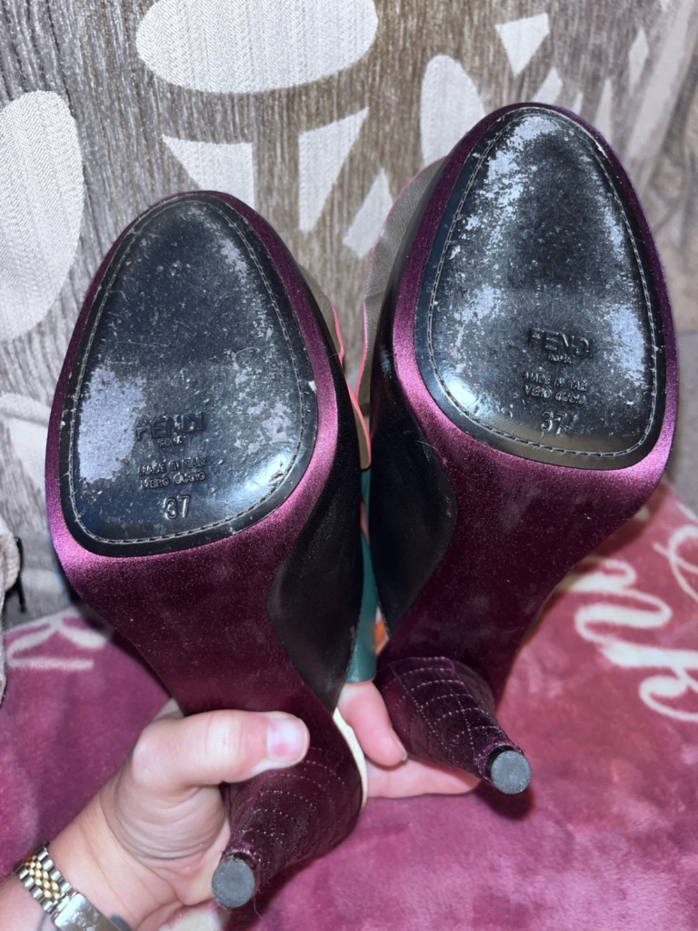 Fendi Green & Purple Floral Embroidered Leather Mules - Picture 6 of 14